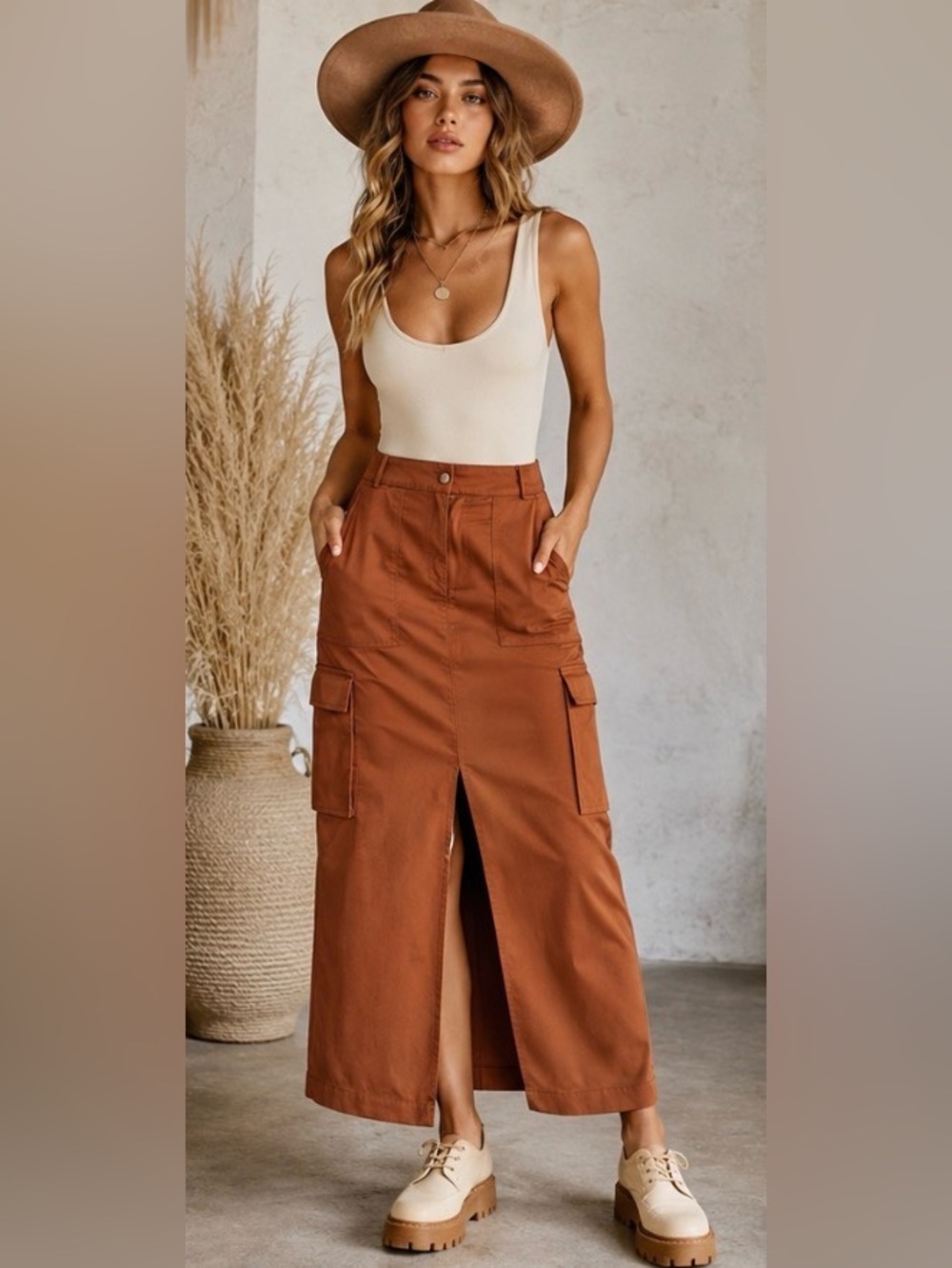 House of Harlow 1960 Cinnamon Brown Cargo Silky Midi Maxi Skirt Front Slit Size